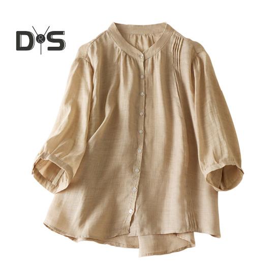 

Женская рубашка с воротником-стойкой, коротким рукавом, пуговицами, планкой, однотонная плиссированная повседневная рубашка, летняя одежда M бежевый