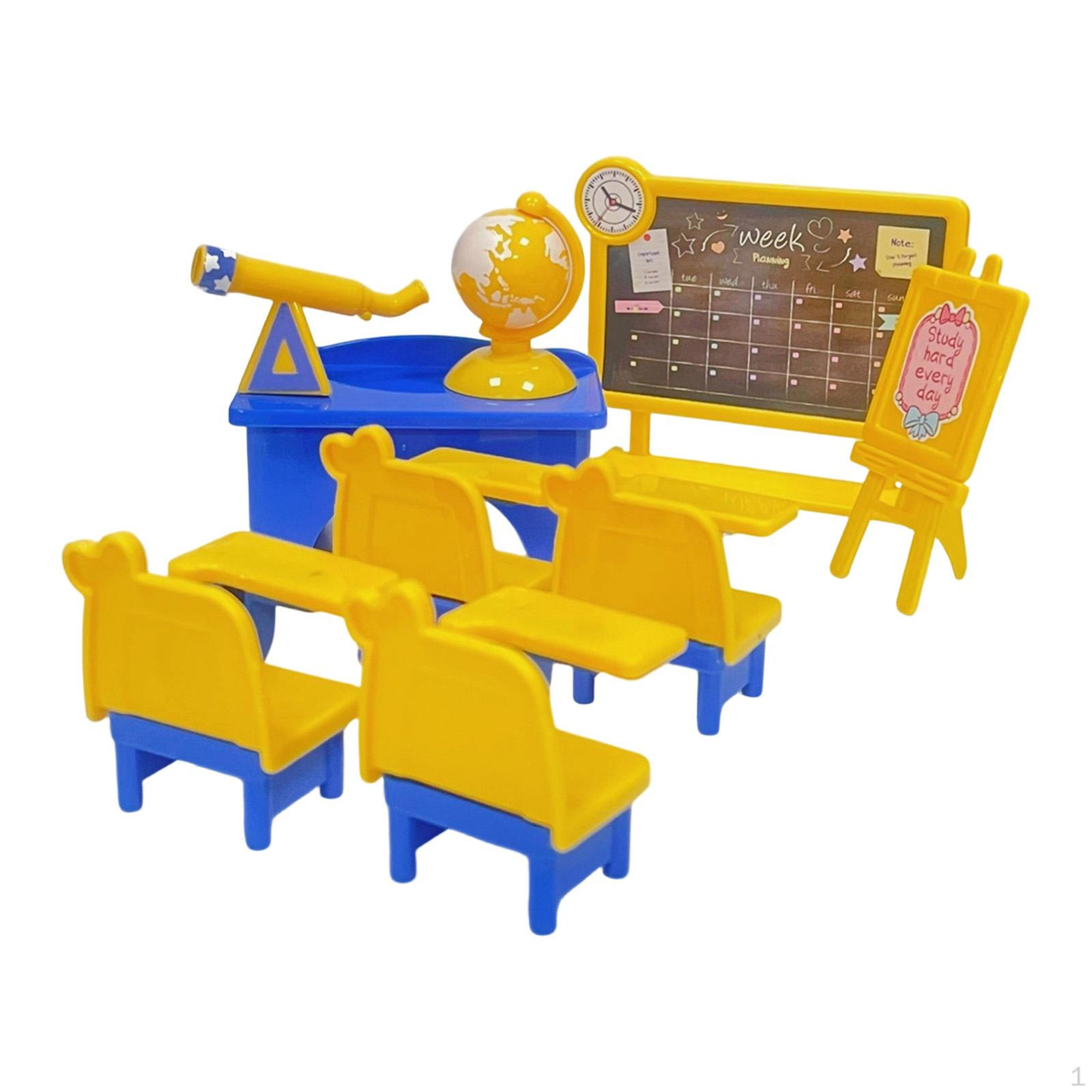 

Mini Classroom Furniture Set Doll House Table Chairs Chalkboard Model Ornament Miniature School
