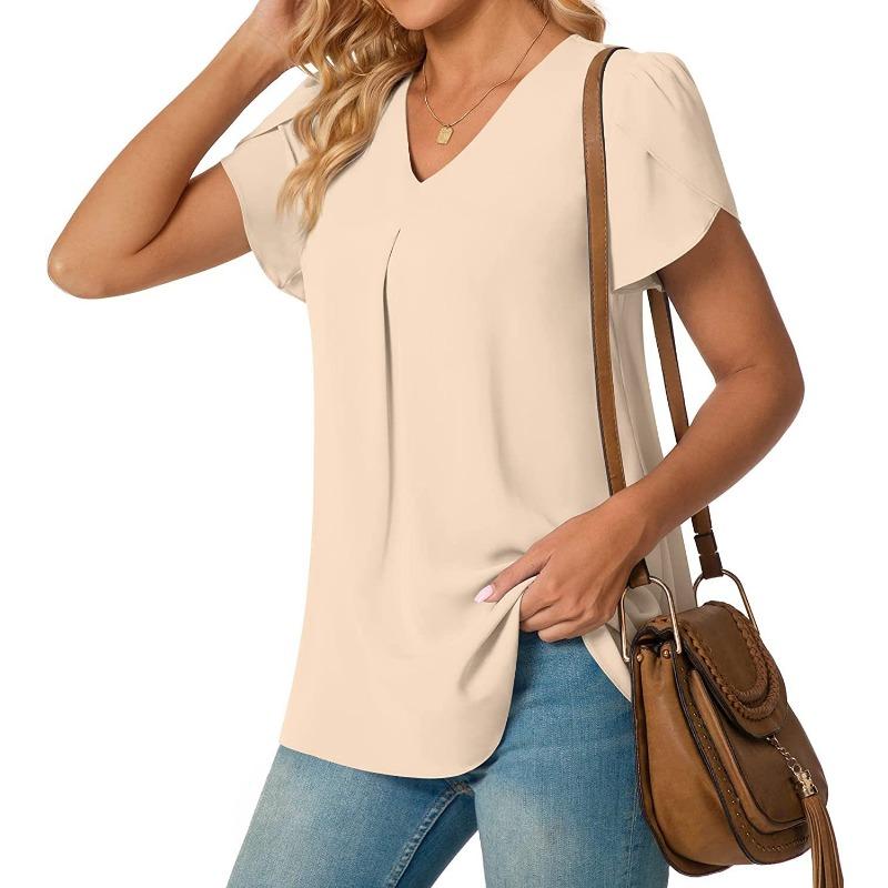 EastRogue Women's Fashion Casual Summer Solid Color Print Short Sleeve V-Neck Blouses & Shirts