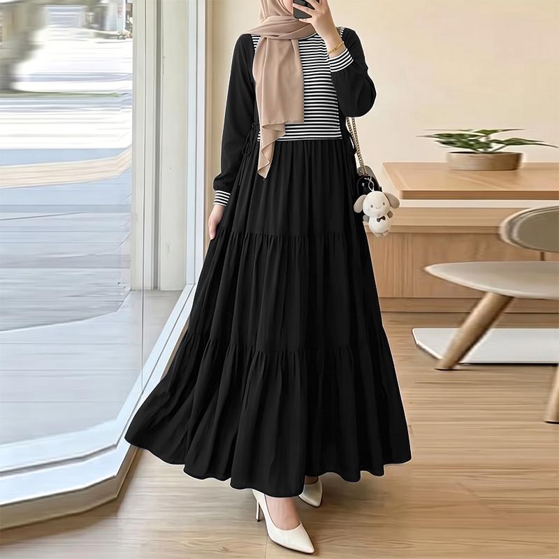 ZANZEA Women Casual Round Neck Long Sleeve Stripe Patchwork Loose Long Dress M чёрный