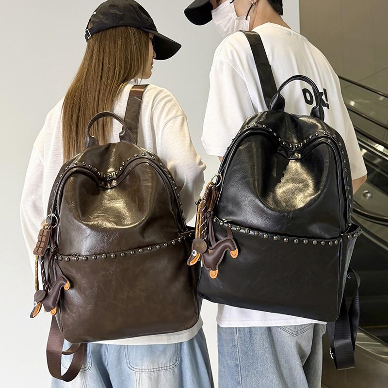 Schoolbag American Retro Backpack Women's 1011 New Large-capacity Fashion Travel Backpack Men's Soft Leather Student Schoolbag