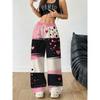Women's Fashion Casual Pants Pink Black and White Brush Mark Color Block Love Polka Dot Printed Wide Leg Pants