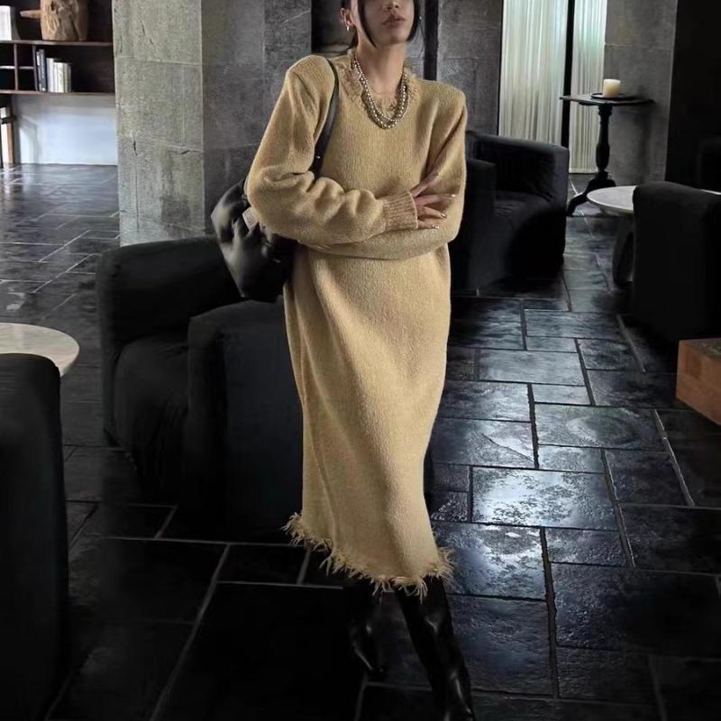 Autumn and Winter New Loose and Thin Lazy Wind Sweater Women's Medium and Long Solid Color Pullover Knitted Dress