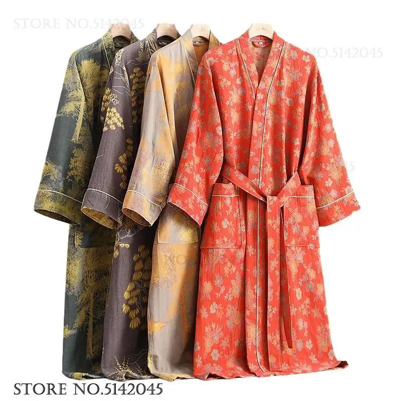 Print Flower Cotton Gauze Kimono Bathrobe Gown Female Robe Negligee Loose Home Dressing Gown Sleepwear Spring Summer Nightwear