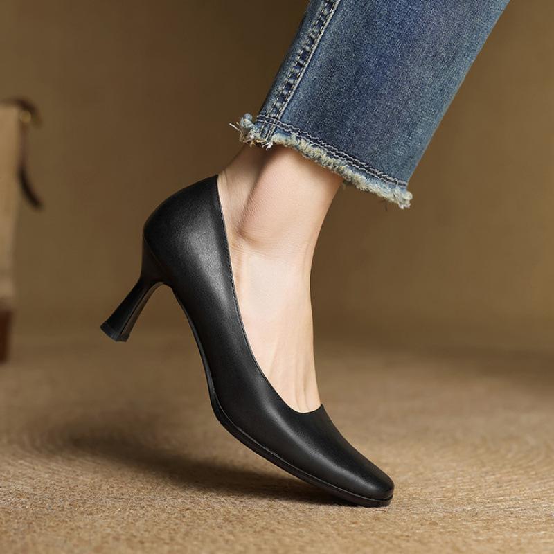 New Leather Women's Single Shoes, Comfortable Square Head, Four-season Wear Women's Shoes, High Heels, Small Leather Shoes, Thin Heels, Beef Tendon