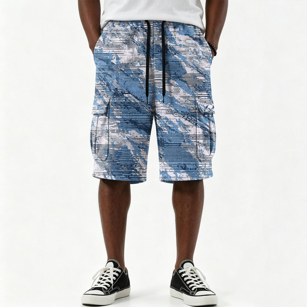 Pantaloncini cargo da uomo casual con stampa sfumata, coulisse, tasche multiple, lunghezza al ginocchio, vestibilità comoda, materiale leggero