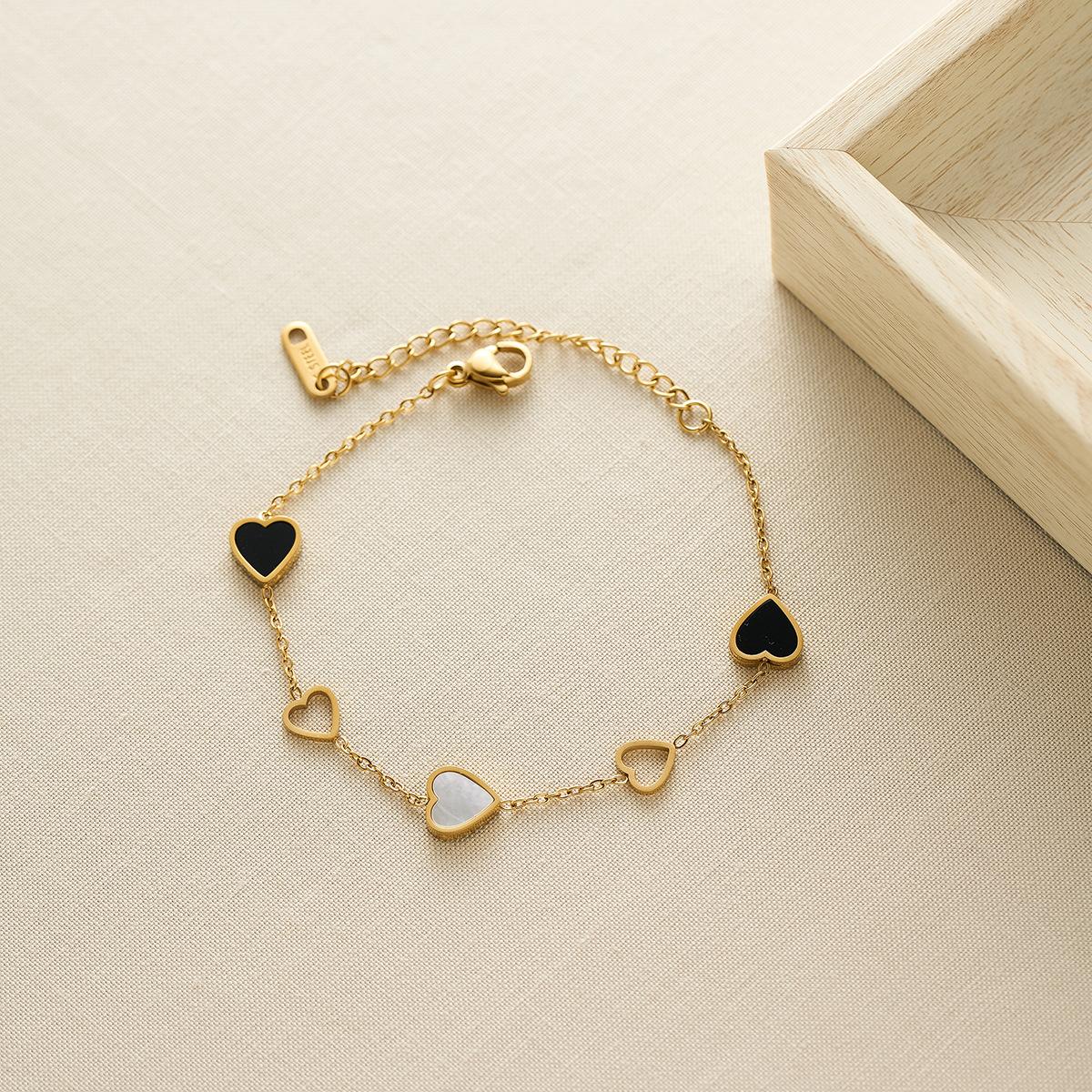 

Stainless Steel Gold Color Black And White Heart Charm Bracelets For Women Sweet Zircon Gift Wholesale 16-21cm
