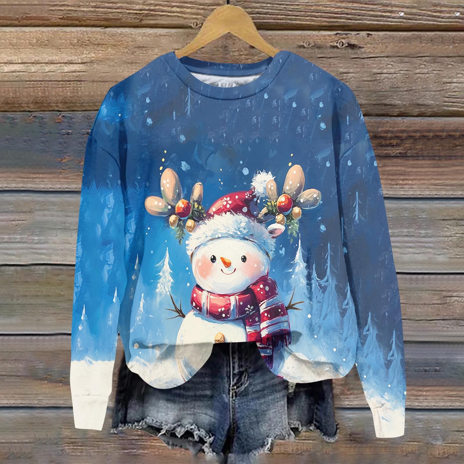 

Ladies Christmas Printed Long Sleeved Round Neck Hoodie Loose Top L