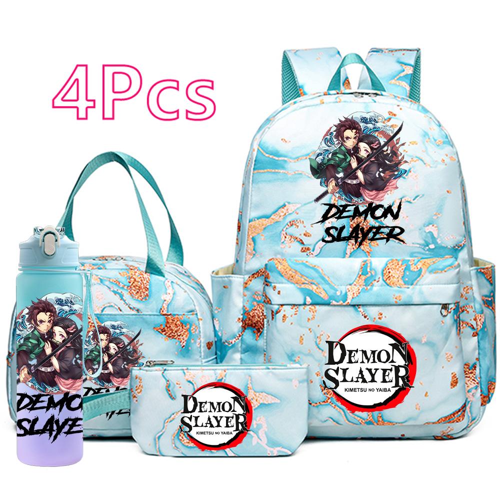 4-teiliges Set mit aufgedrucktem Demon Slayer-Cartoon-Rucksack, Handtasche, Federmäppchen und 750-ml-Trinkflasche für Teenager (Jungen und Mädchen) – große Kapazität, wasserdichter Schulrucksack
