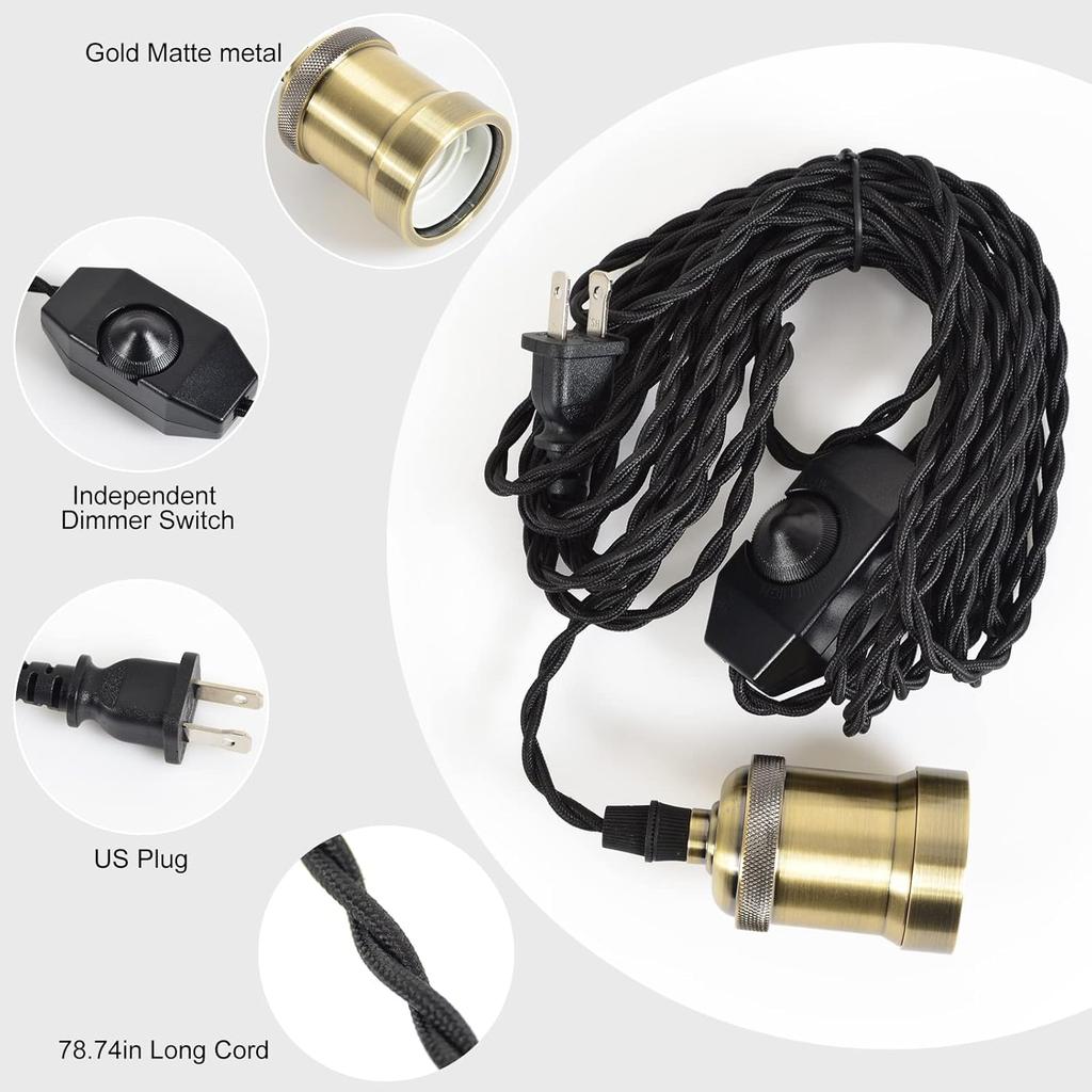 Plug in Pendant Light Cord hanging light kit with dimmer switch,Farmhouse Hanging Lights19.69 ft power cord length,Hemp Rope Plug in black Hanging