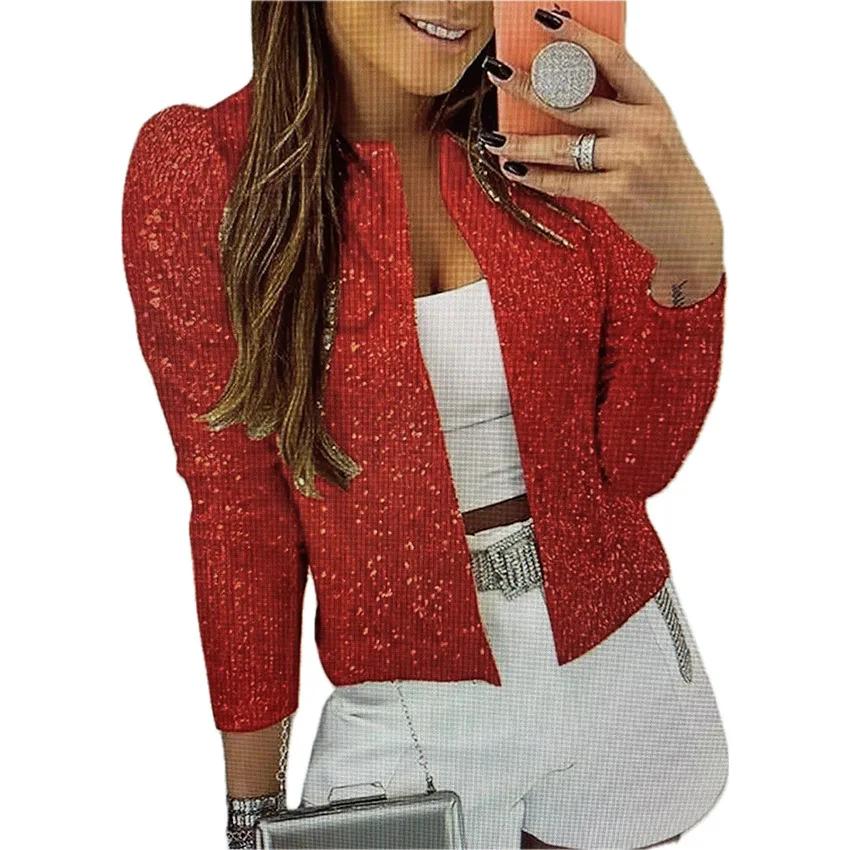 

Solid Color Cardigan Casual Versatile Sequin Jacket Women s Round Neck Long Sleeved S червоний