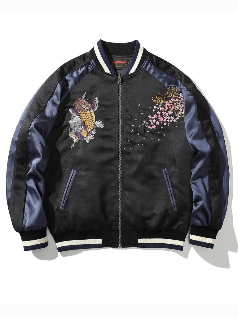 Herren Retro Baseballjacke mit Koi & Floralstickerei - Chinesischer Stil B002