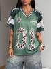 Damen Sommer Ausgehen Streetwear Y2K Leopardenmuster Nummer Grafik Jersey Kurzarm V-Ausschnitt T-Shirt Sportlich Lässig Tops