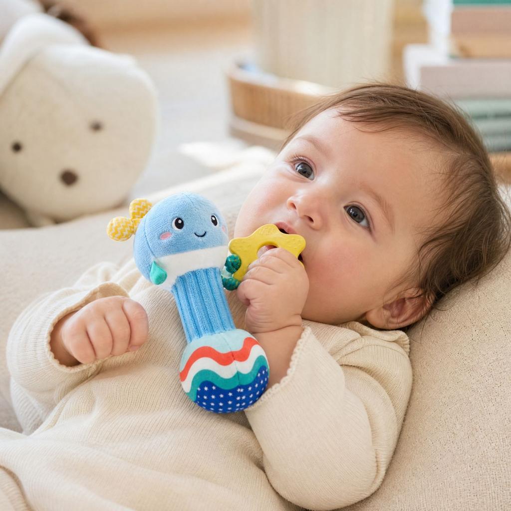 Chewable Baby Hand Rattle and Teether with Grasping Stick for and Infant Comfort Toy
