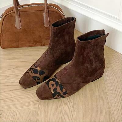 Leopard Flats Ankle Boots Suede Warm Women Shoes Winter Brand Square Toe Chelsea 2025 Trend Low Heels Snow Boots Mujer Zapatos