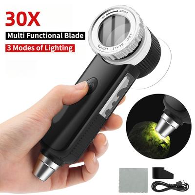30x Handheld Magnifying Glass Usb Rechargeable With Led Uv Lights Multi Functional Blade For Outdoor Exploration And Jewelry Inspection