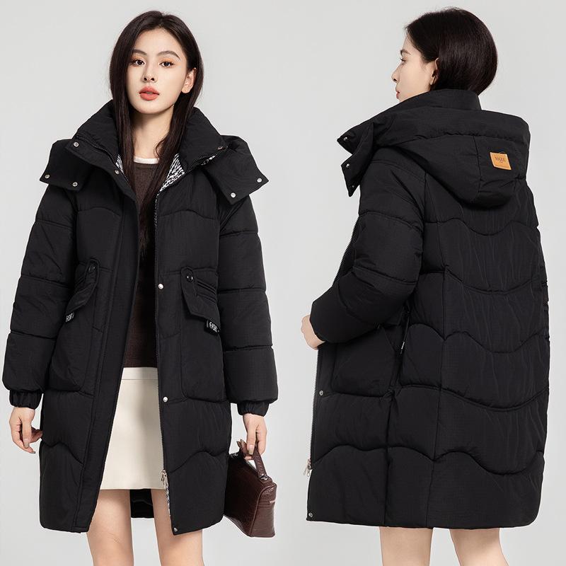 Damen Herbst- und Wintermantel Kontrastfarbe Locker Kapuze Mittellang Verdickt Winddicht Damenjacke 5 Farben