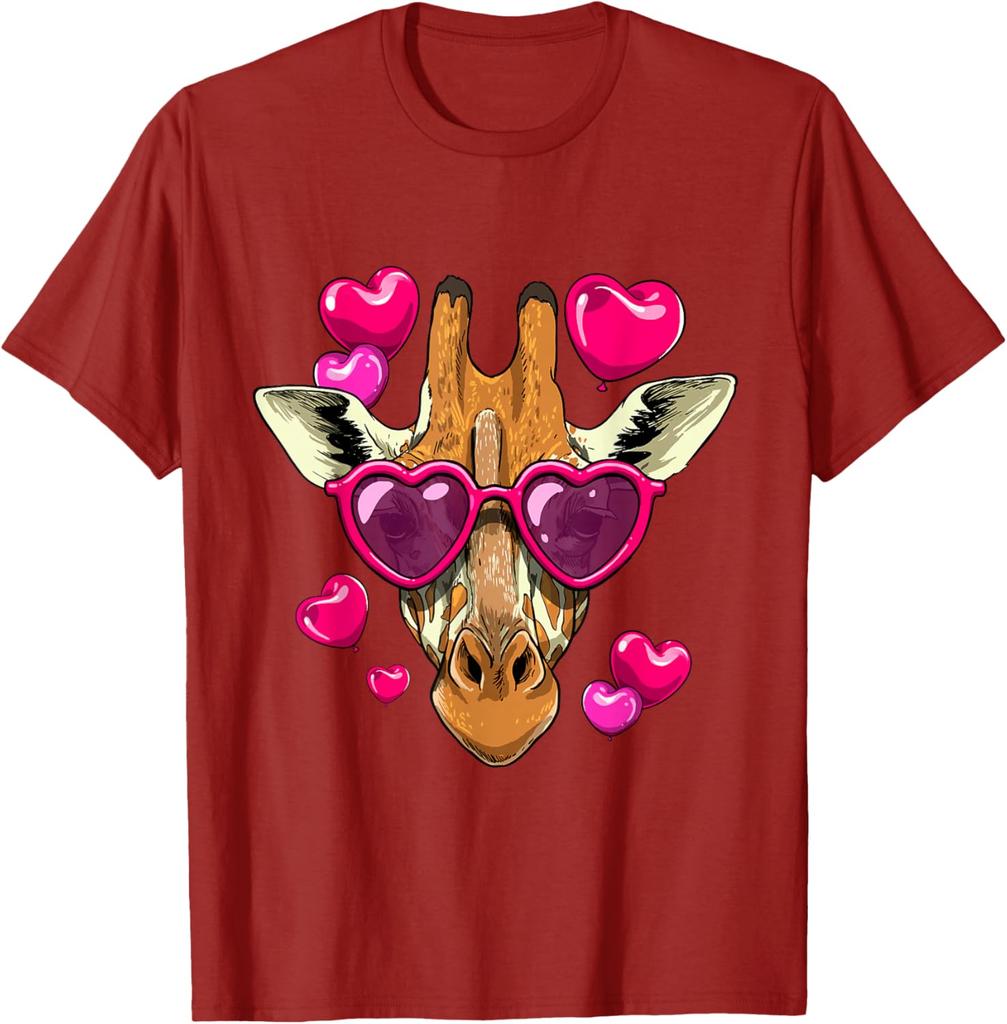 Giraffe Heart Sunglasses Valentines Day Funny Animal Graphic Tee Short Sleeve Casual Crewneck T-Shirt