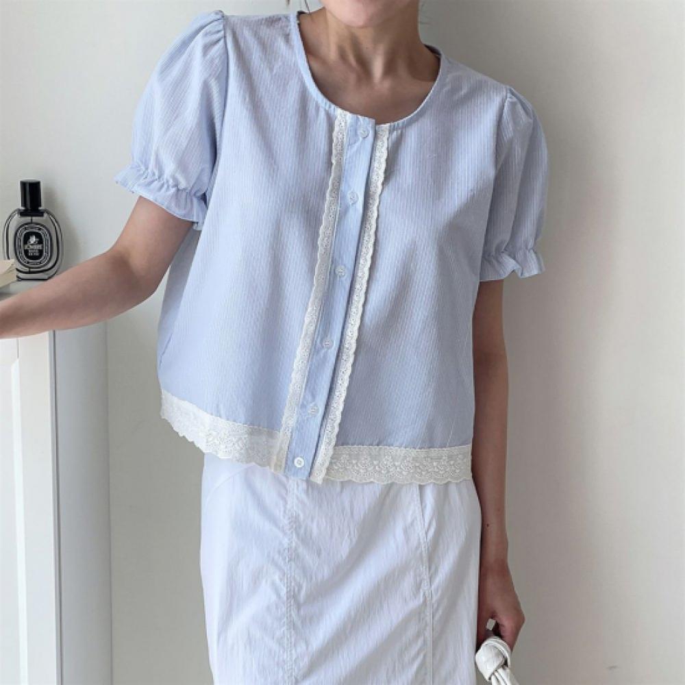 New Arrivals Open Run Women Stripe Lace Puff Sleeve Shirt