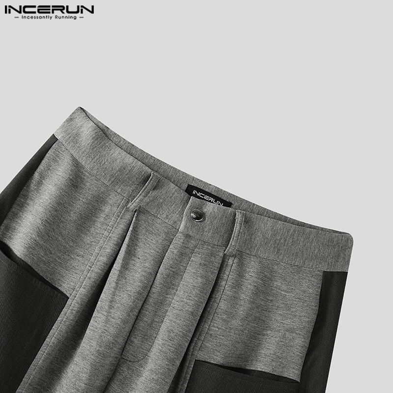 INCERUN Oversized Men Zipper Waist Pockets Stitching Wide Leg Pants Casual Long Trousers