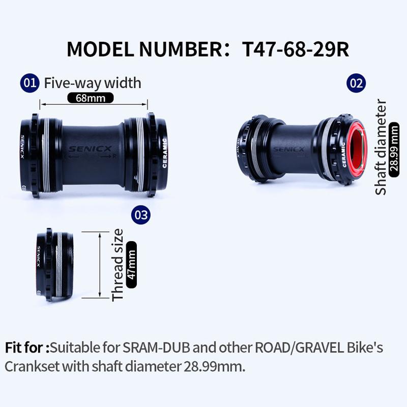 SENICX T47 Ceramic Bottom Bracket 68mm Shell Width Road Bike Central Movement Fit fo SRAM DUB Crankset with 28.99mm Dustproof BB