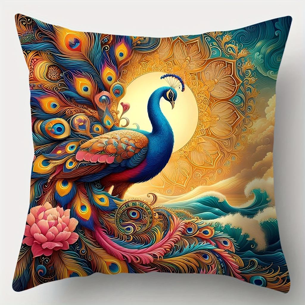 4-piece Peacock-themed Decorative Pillowcase Set, Single-sided Print, Zipper Closure, Bedroom, Office, Car, and Home Decoration