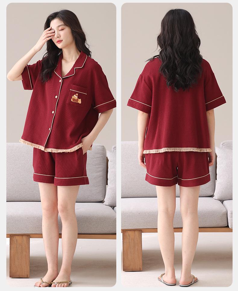 Red Cotton Anti-bacterial Year of the Rat Couple Pajama Set - Short Sleeve, Shorts & Cardigan for Newlyweds