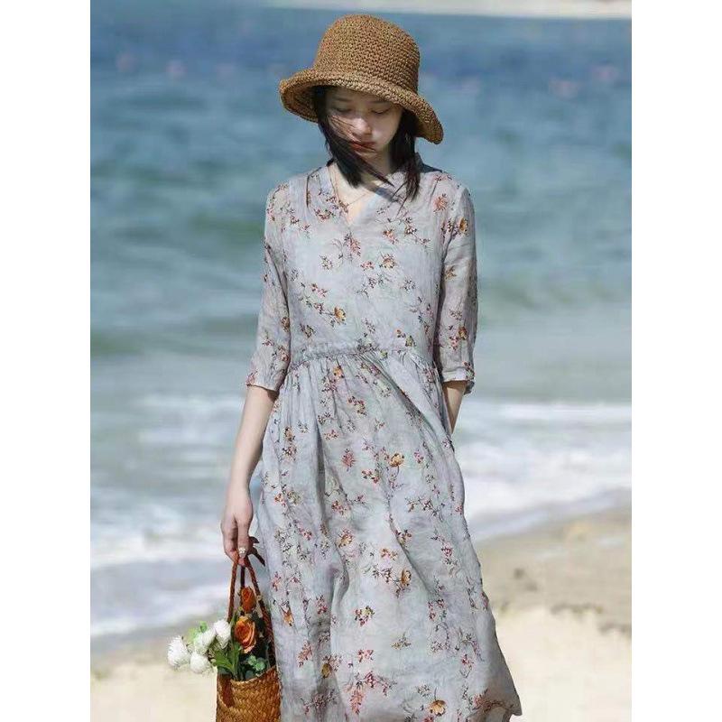 2026 Summer Cotton Linen V-Neck Waist-Cinching Printed Dress - Fashionable Casual Short-Sleeve Skirt for Women