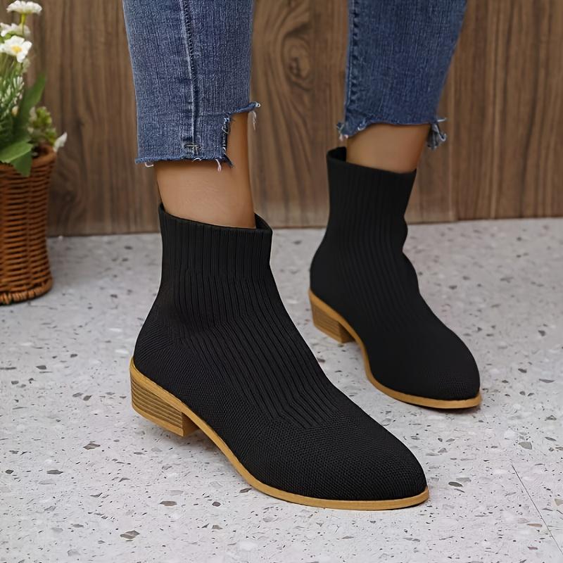 Women's Retro Chunky Heel Slip-Resistant Knit Booties - Vibrant Yellow & Mustard-Yellow All-Season Comfortable Round-to-Pointed Toe Ankle Boots
