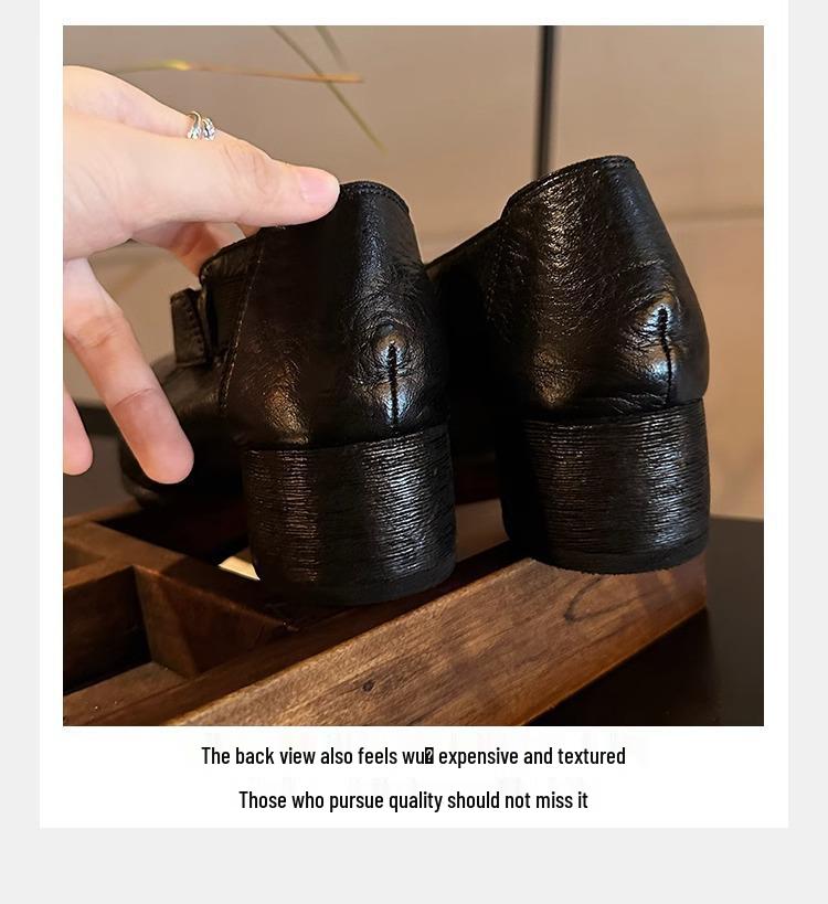 Grape Mom Studio Kadınlar için Yüksek Kaliteli At Derisi Kare Burun Kalın Topuk Deri Loafer - Sonbahar Stili