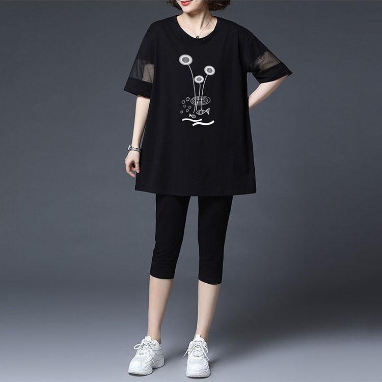 Mittleres und langes Oberteil zum Bedecken des Bauchs, kurzärmeliges Sommer-T-Shirt mit Netz-Patchwork für Mütter mittleren Alters und lockeres, großes, schmales Oberteil