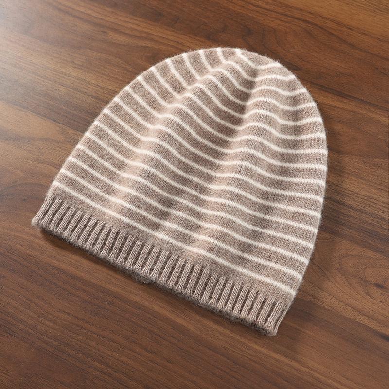 

100%Wool Unisex Horizontal Striped Knitted Thick Toe Cap For Women Fashionable&Casual Ear Protection Color Blocked Brimless Cap верблюд