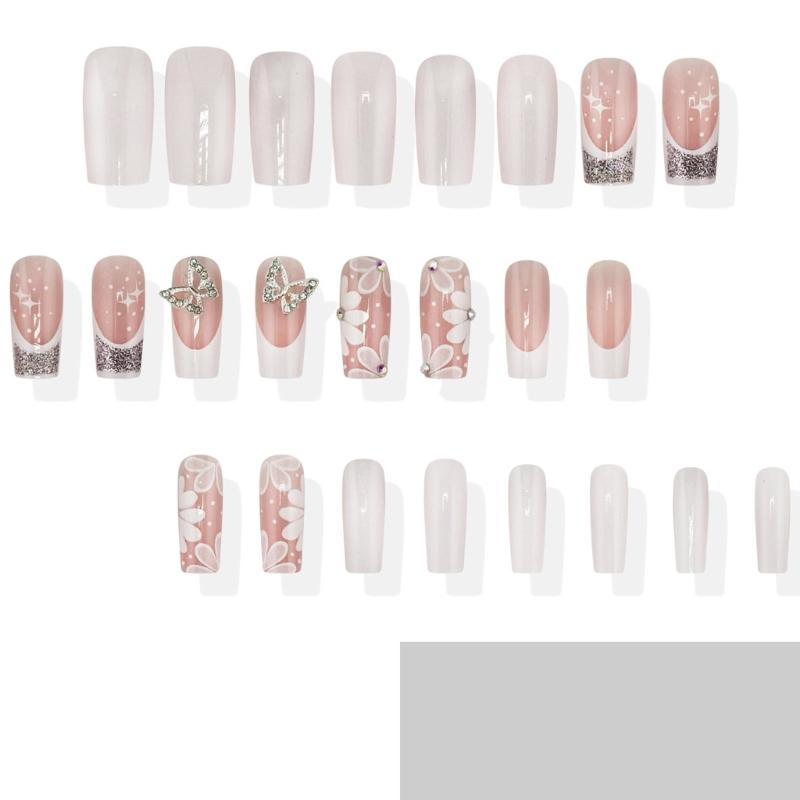 24pcs Simple Yet Stylish Press On Nail French 3D Rhinestones Butterfly and Floral Design Stick On Nail for Celebrations