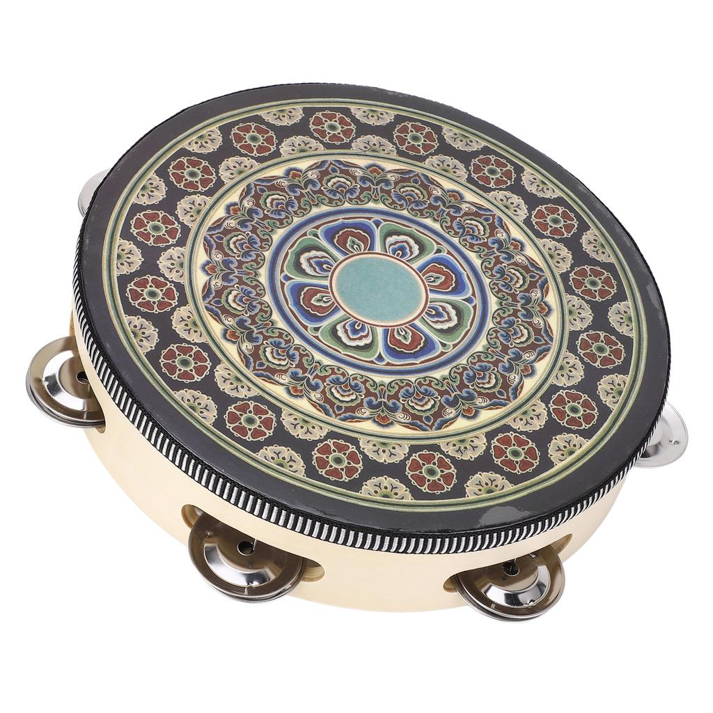 Hand Held Wood Tambourine 8 Inch Jingles Musical Educational Instrument for Adult and Children Black Flower