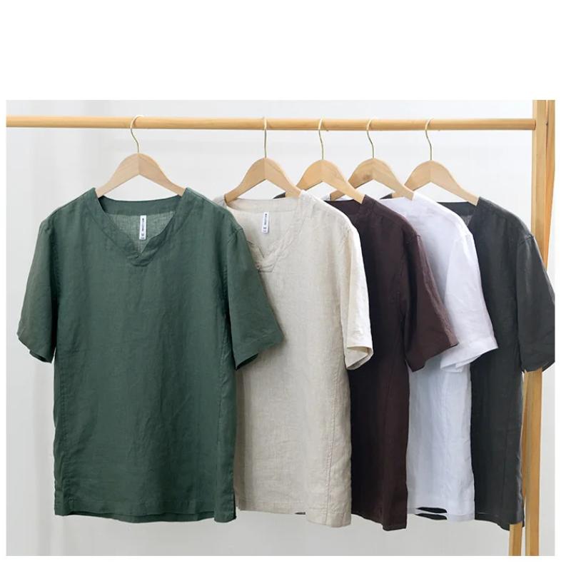 Summer 100% Natural Linens Tees Men Chinese Style Retro Clothes Solid Color Stand Collar V-Neck Short Sleeves Tops&T-shirts Casual Breathable Tshirt