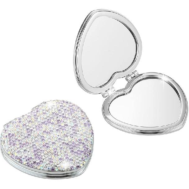 AsAlways Rhinestone Compact Pocket Mirror Portable Travel Cute Cosmetic Mirror Folding Handheld Double-Sided 1x/2x Magnifying Purse Mirror (Silver)