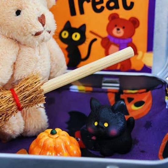 Halloween Bear In A Box for Trick or Treat Handmade Witch Bear In Box Miniature Plush Bear with Witch Hat Broom Pumpkin Cat for Halloween Party
