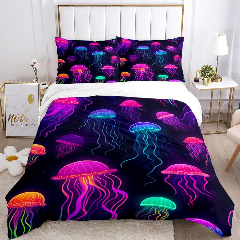 3pcs Jellyfish, Neon Print Bedding Set, Ideal for Home Use, Suitable for Bedroom Decor (1*Duvet Cover + 1/2*Pillowcases, No Core) yy250821180