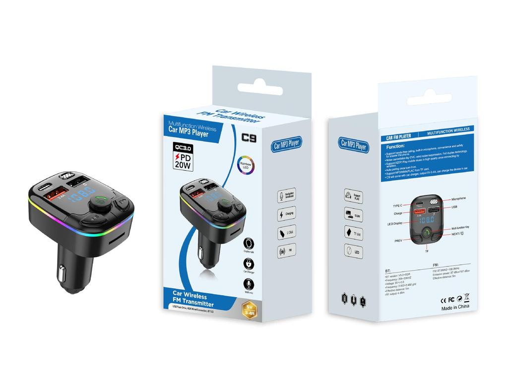 Bluetooth V5.3 Car FM Transmitter & Charger with MP3 Playback and Hands-free Calling