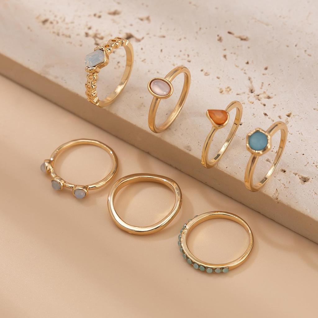 European & American Cold Style Gemstone Inlaid Irregular Metal Ring Set