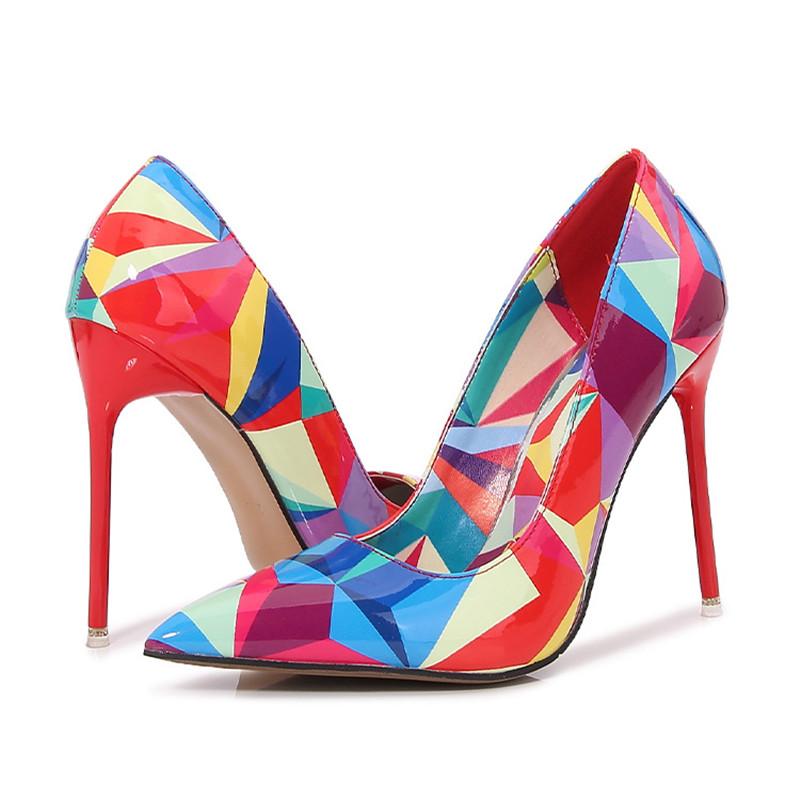 Fashion Fashion Geometry Plaid Printed Patent leather Women Pumps Elegant Pointed toe Stiletto High Heels Spring Autumn Office Lady Shoe