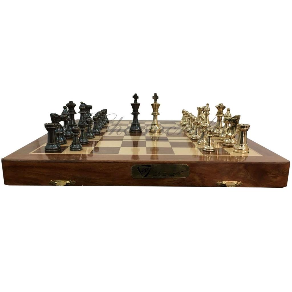 Brass Metal Staunton Chess Pieces/Coins Set with Folding Wooden Chess Board 14 Inches 2 Players (Non Magnetic)