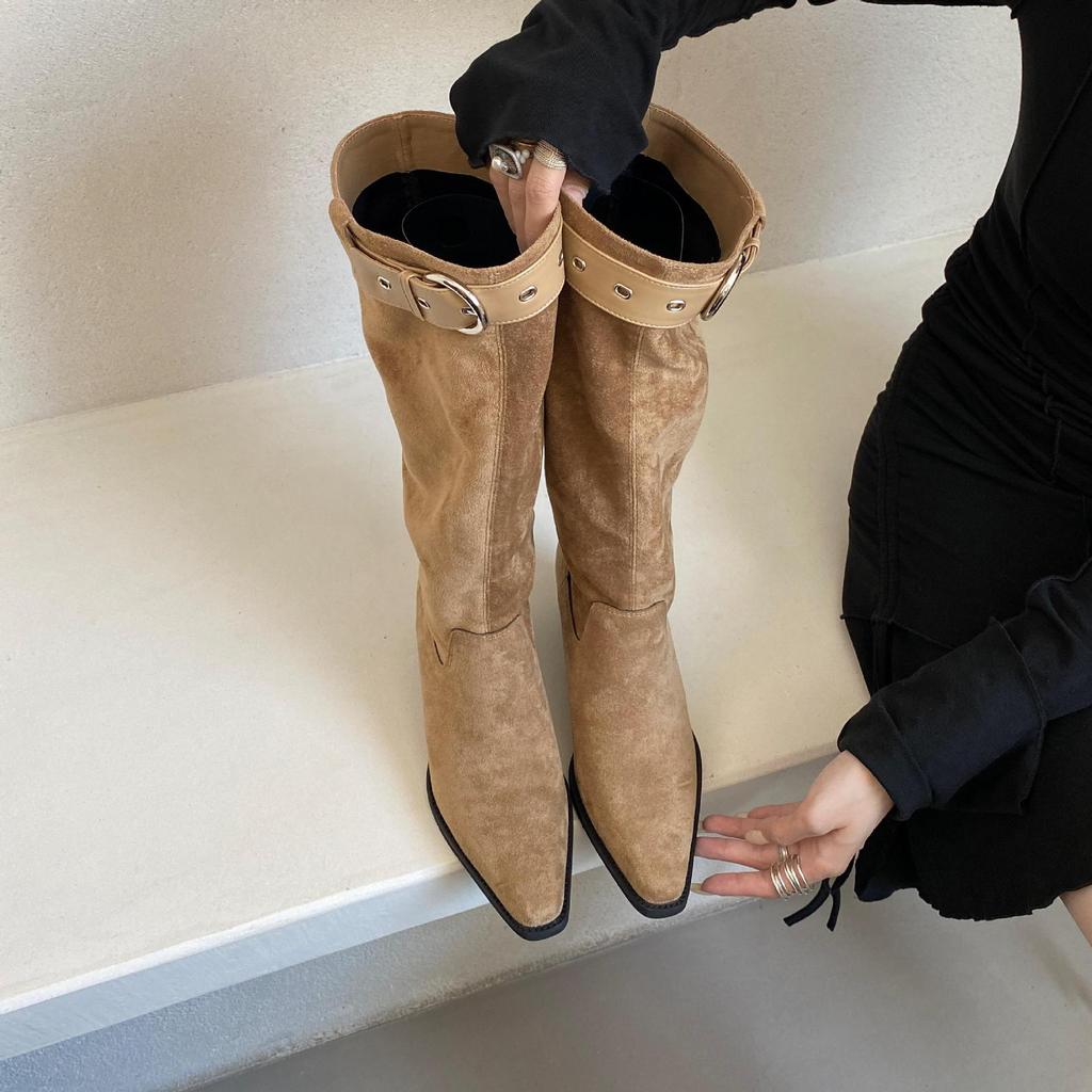 Large tube circumference boots for women in the autumn and winter of 2025, new Spice Girls, but knee long boots, square head thick heel, brown pile