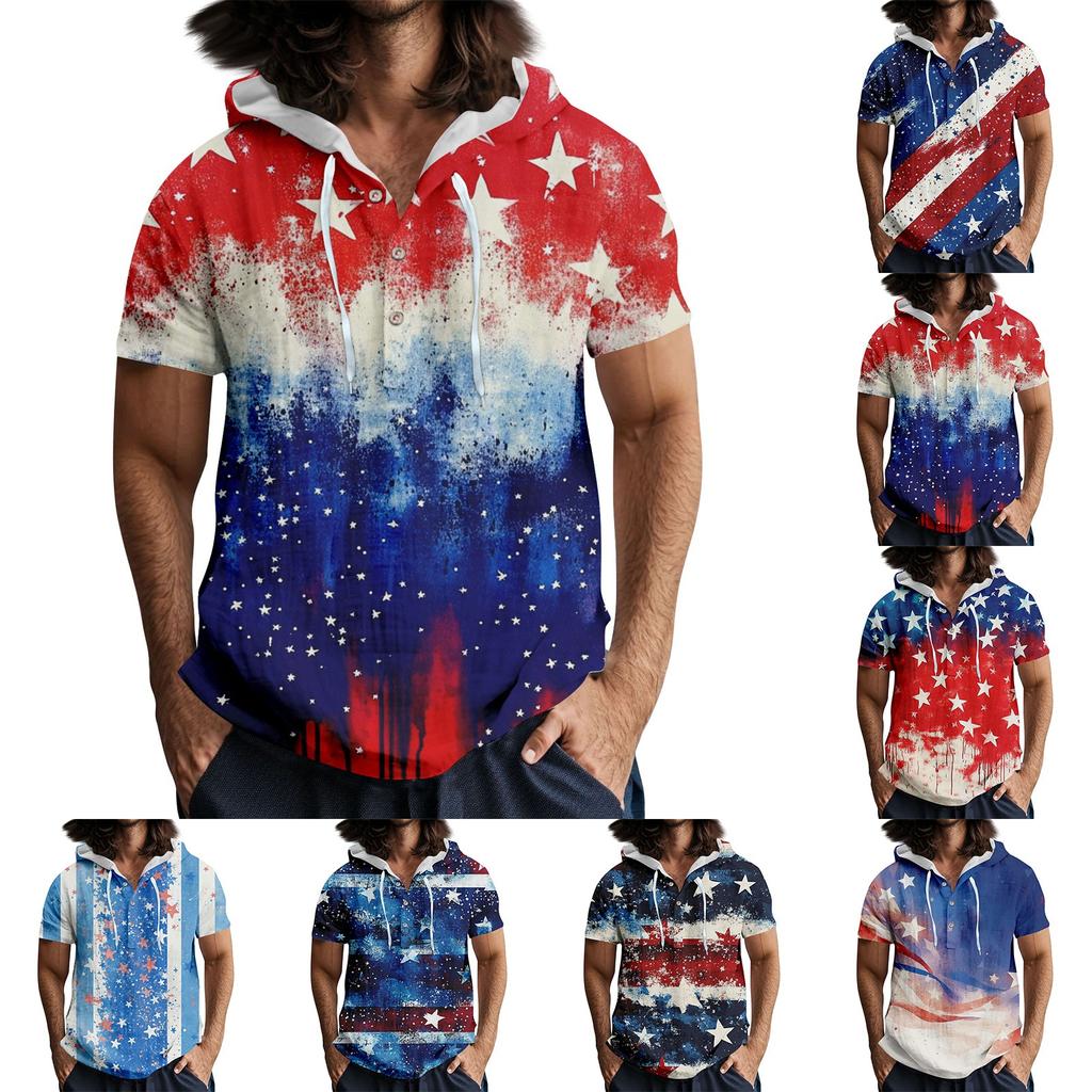 Men'S Casual Short Sleeved Hooded Top Buttoned Open Neck T-Shirt