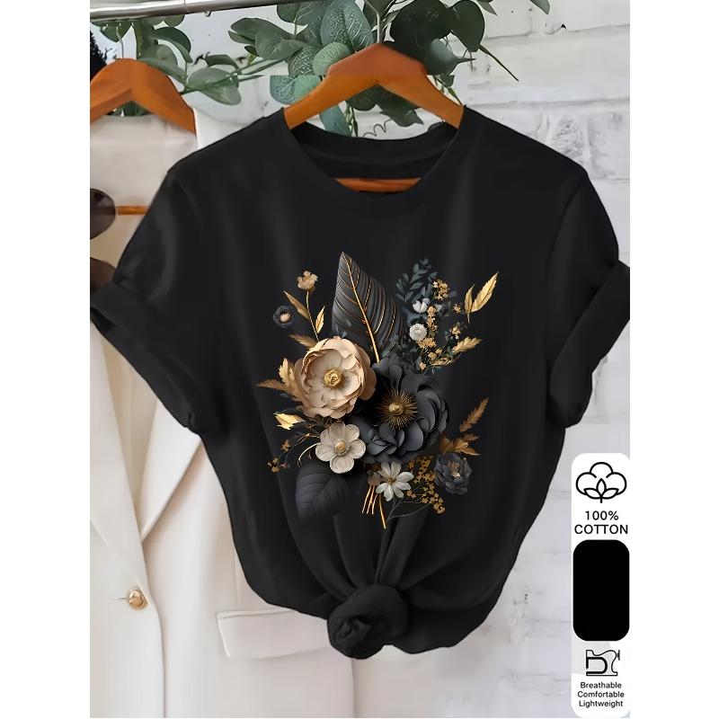 

Women s Teal Golden Floral Print T-Shirt Crew Neck Short Sleeve Soft Breathable Regular Fit Machine Washable Spring Summer Casual Top 4XL чорний