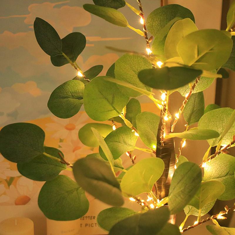 LED Lampa Stołowa Drzewko Sztuczny Eukaliptus 55cm LED Zasilana Bateriami USB Lampki Drzewko Do Pokoju Sypialni Lampa Stołowa Dekoracja Biurka