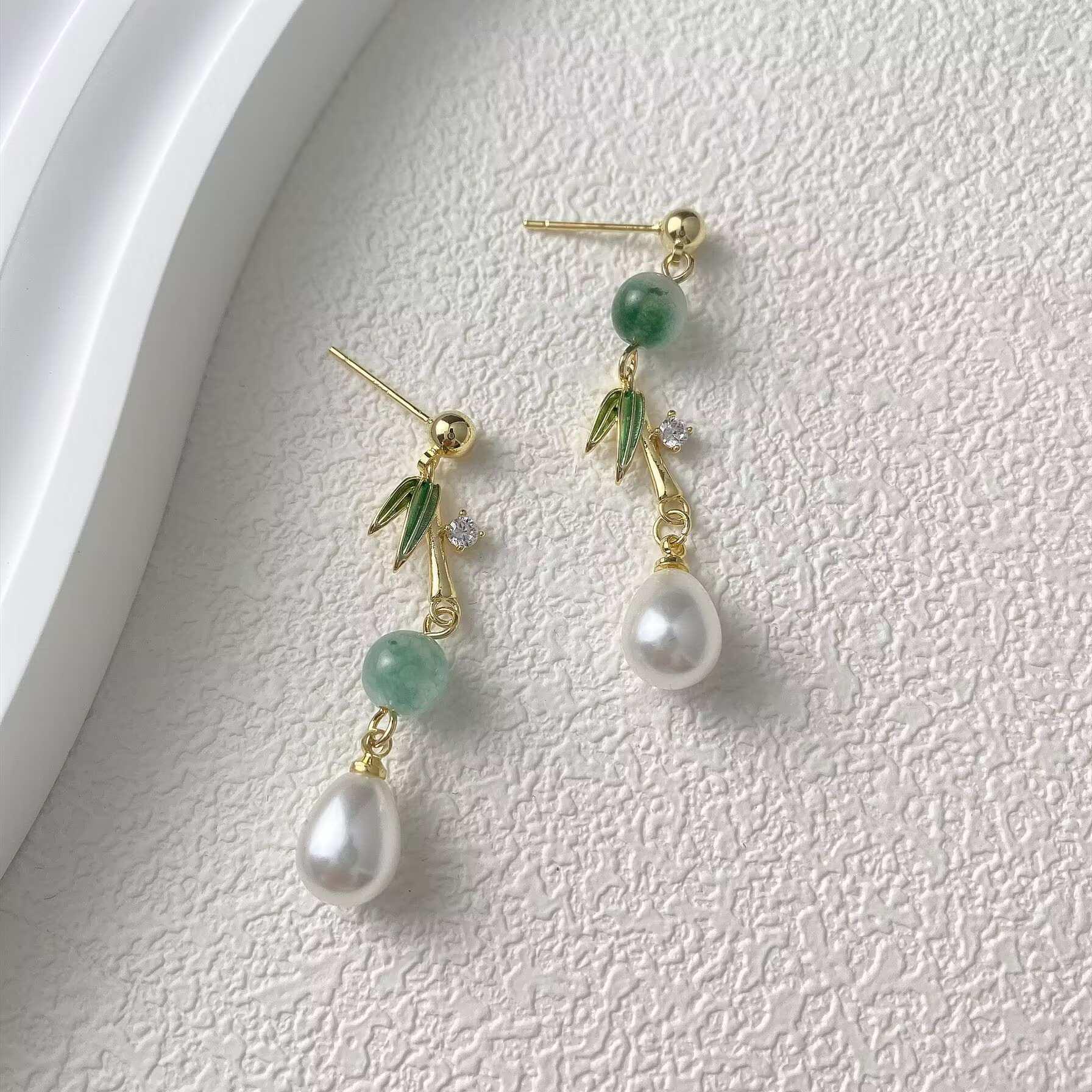 Vintage Chinese Bamboo Leaf Pearl Tassel Earrings in S925 Silver – Elegant, Lightweight, Luxury Design