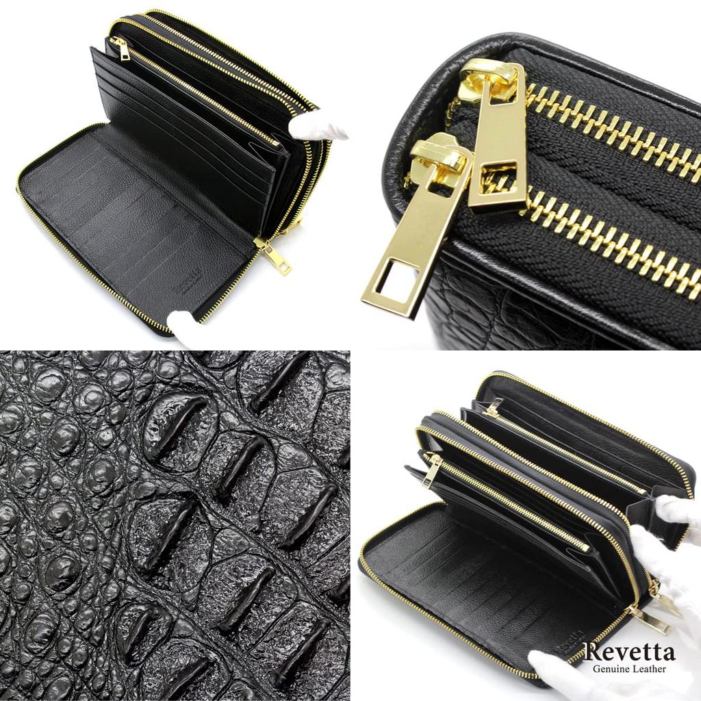[Revetta] Crocodile Leather Long Wallet, Large Capacity, 40 Card Slots, Men's Wallet, Black, Double Round Zipper, Gold, Genuine Leather, Single Piece