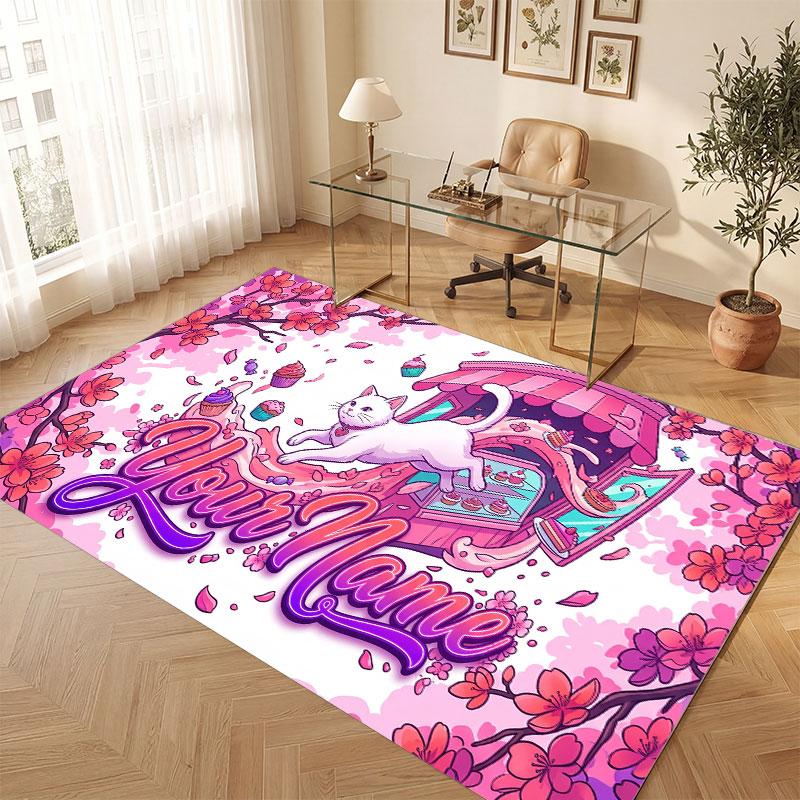 Cat Theme Crystal Velvet Floor Rug Personalized Custom Name Text Warm Carpet Home Decoration