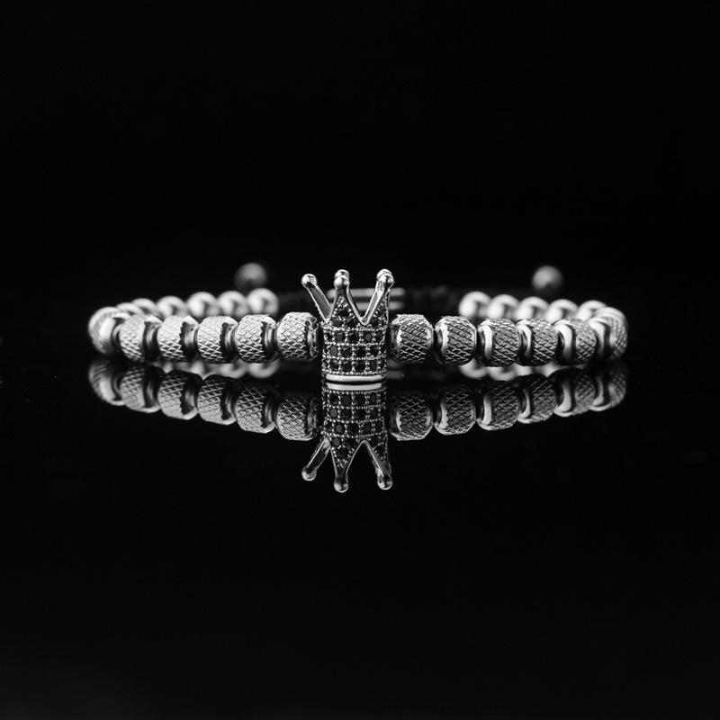 Men's Adjustable Braided Hip Hop Bracelet with Retro Copper Crown, Pineapple Beads, and Vacuum-Plated Titanium Steel.
